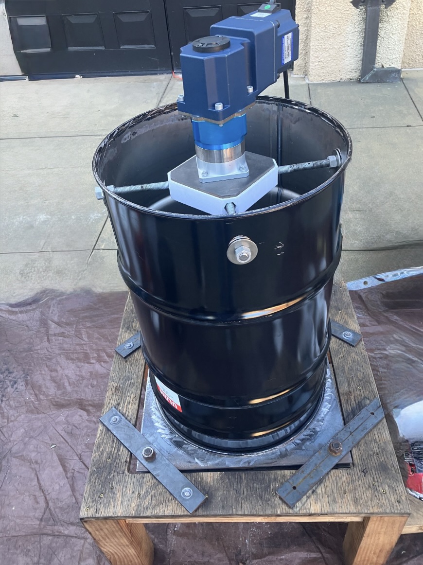 Assembled ACF: 55-gallon drum on stand with motor, gearbox, and motor mount