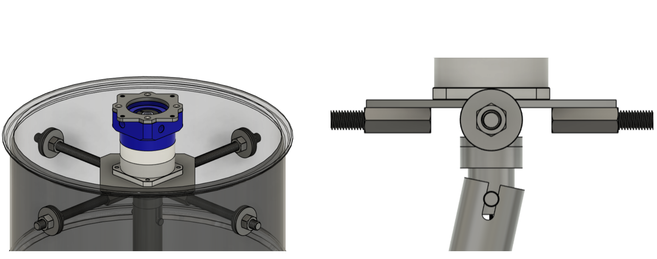 Redesigned motor mount CAD: oversize washers on threaded rods, clevis-pin universal joint